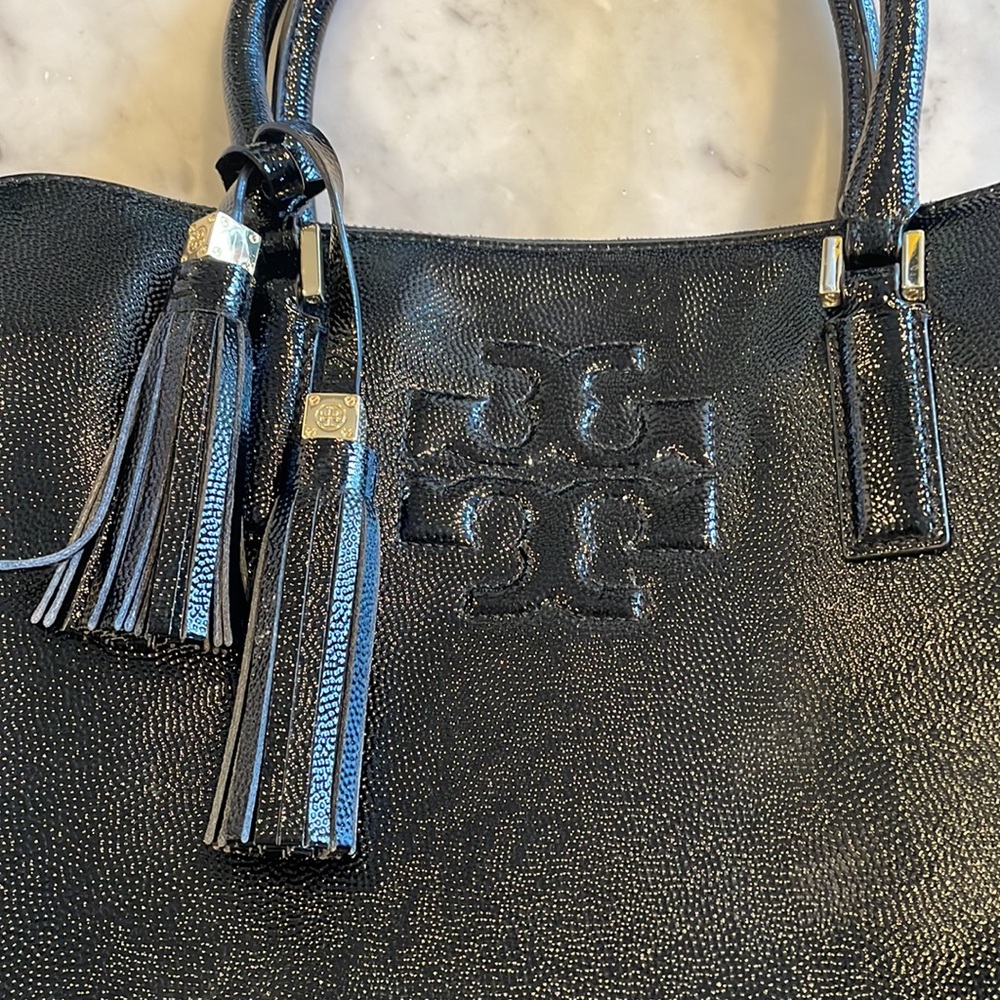 Tory Burch Black Patent Leather Tote with Tassel Detail - Picture 2 of 16